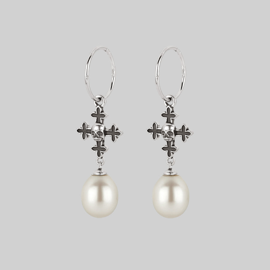 OPHELIA. Medieval Cross Hoop Earrings - Silver gothic cross and pearl hoop earrings
