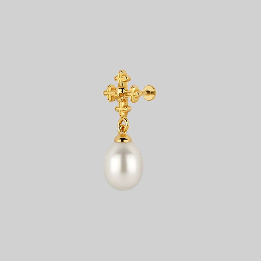 OPHELIA. Medieval Cross Stud Earring - Gold cross and skull pearl drop stud earring