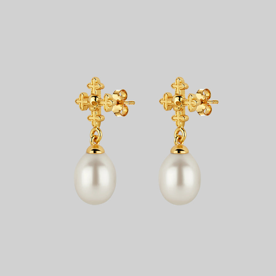 OPHELIA. Medieval Cross Stud Earrings - Gold gold skull and dangly pearl stud earrings