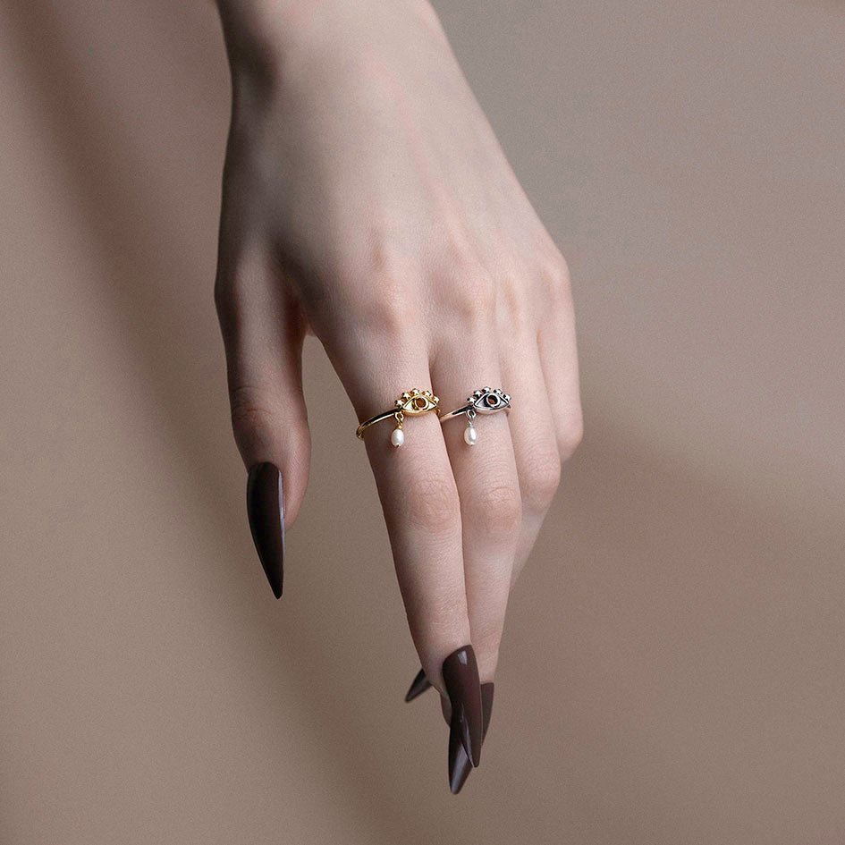 cosmic eye crescent moon star pearl ring