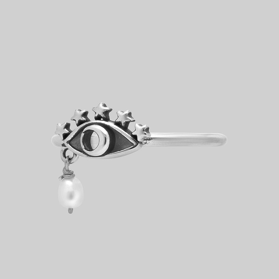 silver crescent moon eye pearl whimsygoth ring