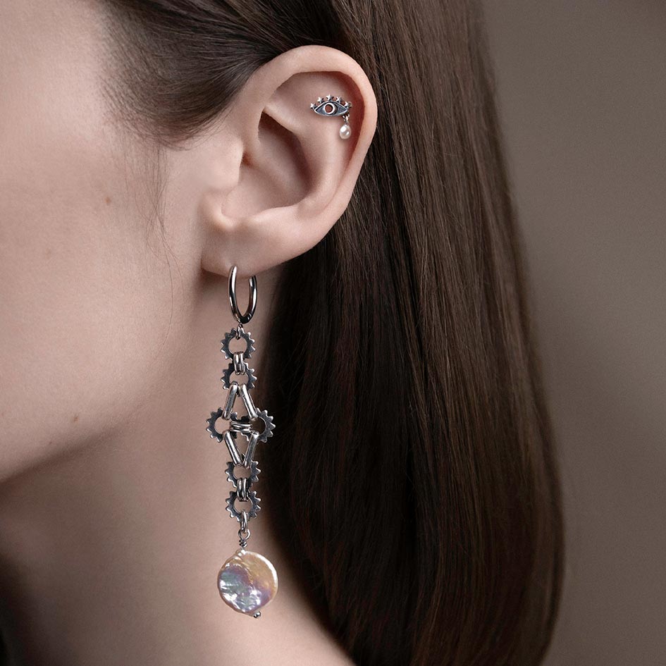 silver celestial crescent moon eye stud pearl tragus helix forward helix flat piercing