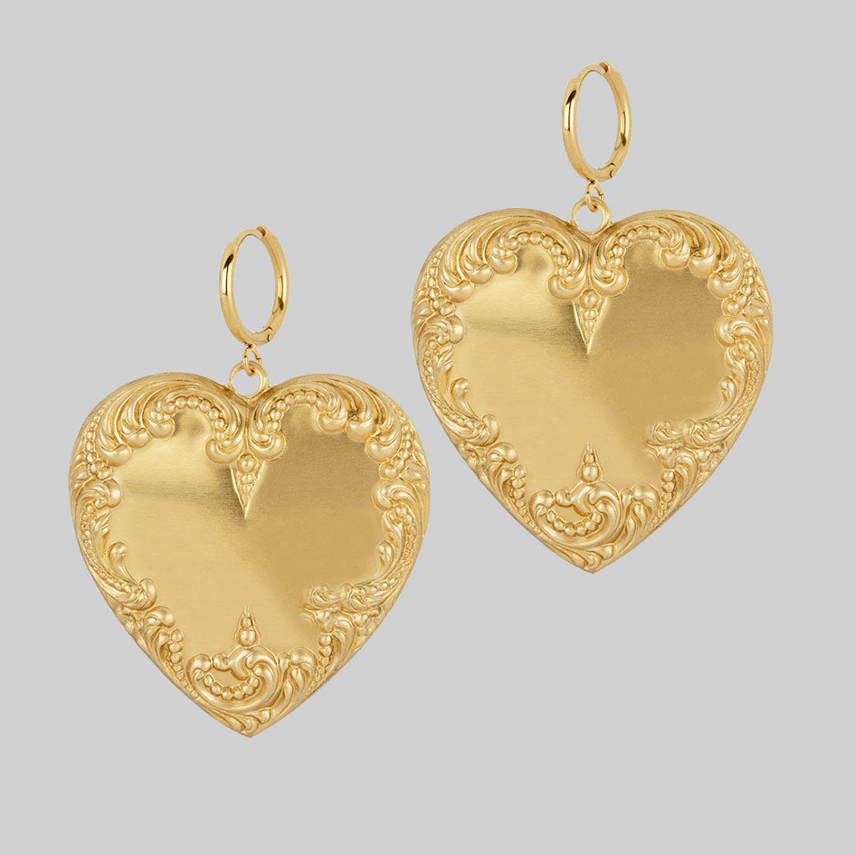 ornate heart gold plated hoop earrings