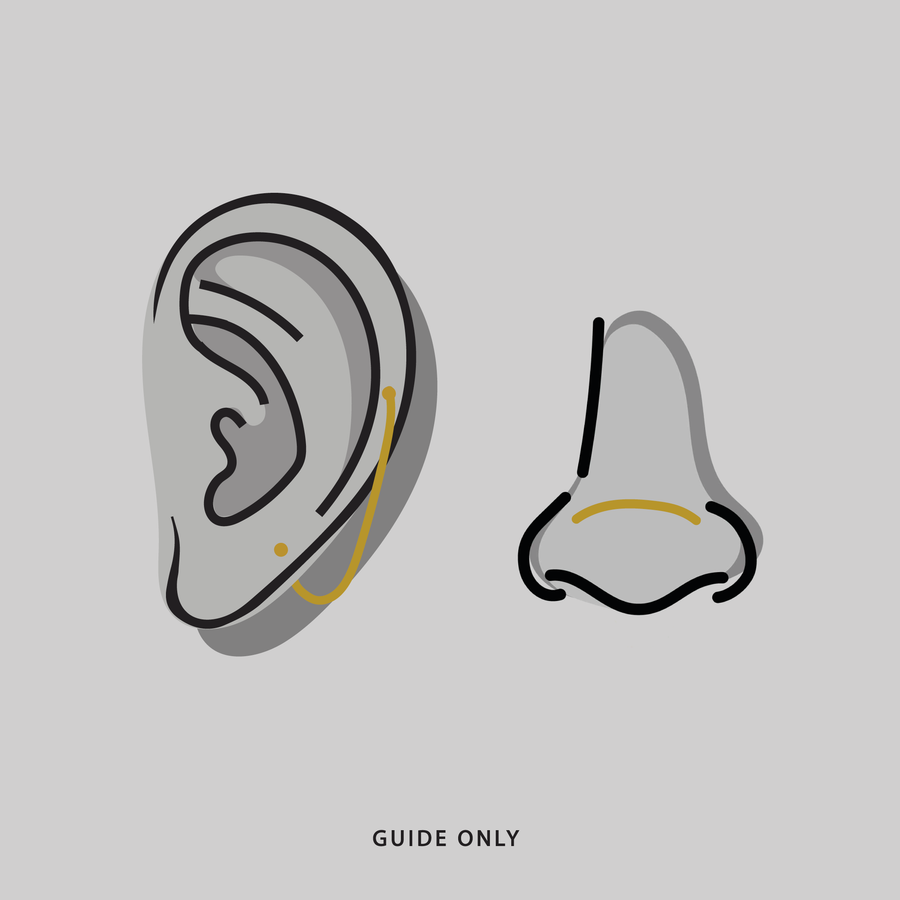 Titanium Piercing Chain - Gold Illustration of ear and nose piercing placements that are possible with the piercing chain