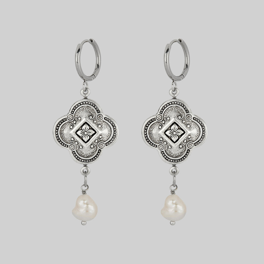 quatrefoil charm and pearl drop hoop earrings