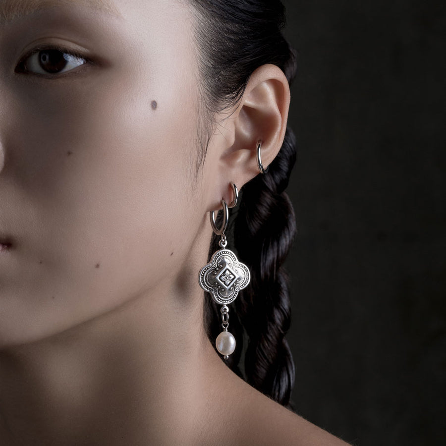 REALM. Quatrefoil Pearl Hoop Earrings - Silver ornate charm and pearl drop earrings