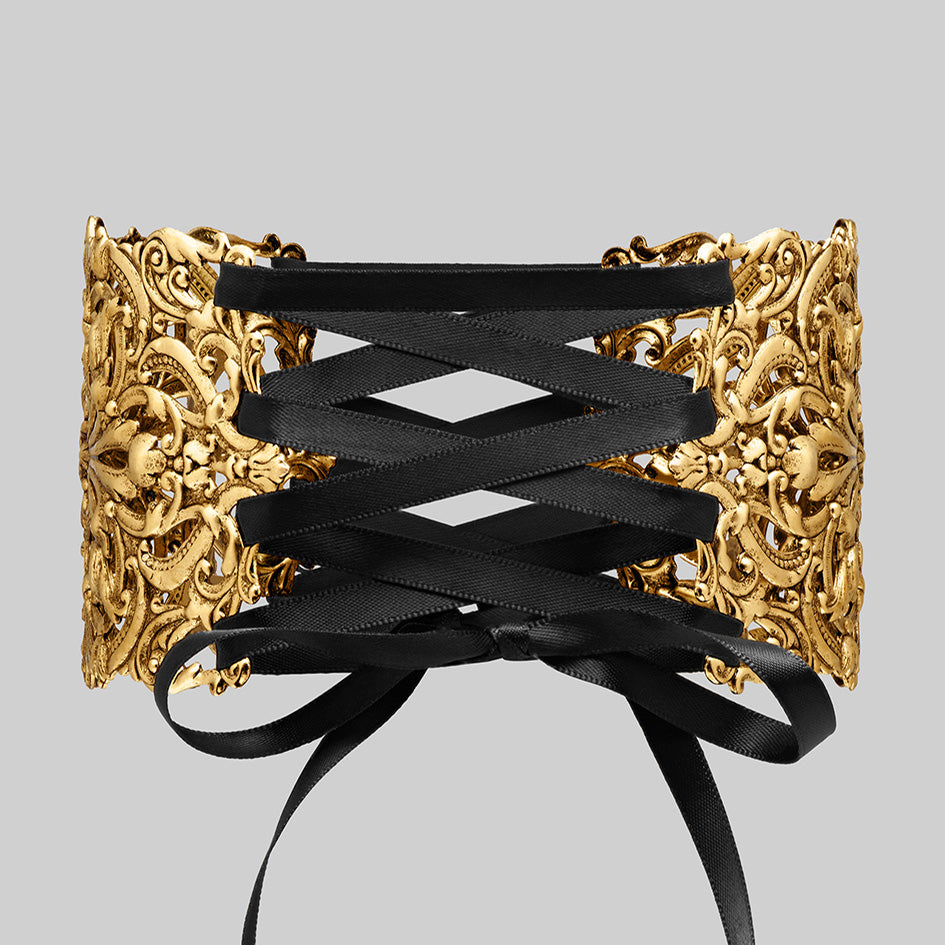 Regina gold grand baroque corset choker intricate detail satin ribbon lace up close