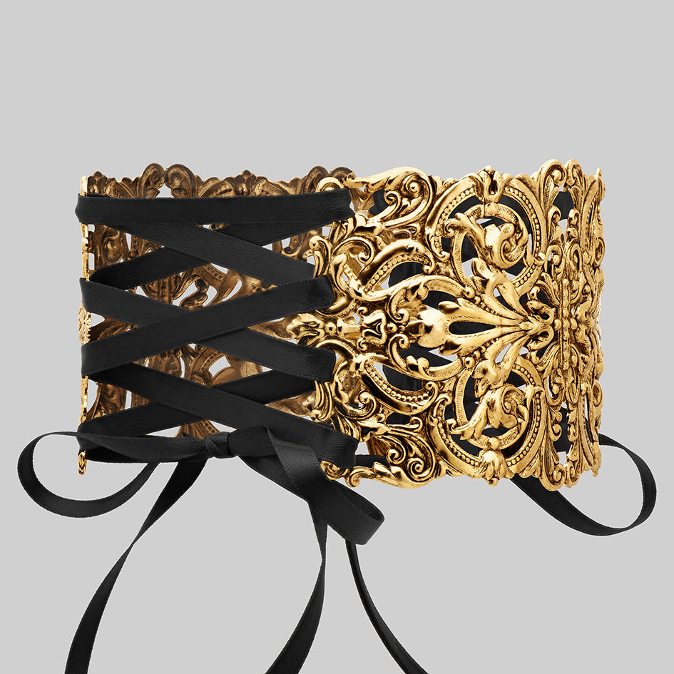 Regina gold grand baroque corset choker intricate detail satin ribbon lace up side close