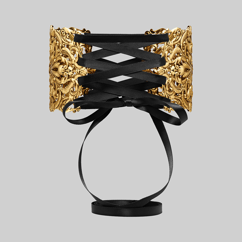 Regina gold grand baroque corset choker intricate detail satin ribbon lace up