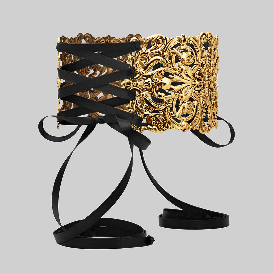 Regina gold grand baroque corset choker intricate detail satin ribbon lace up side