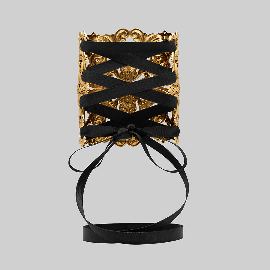Decorative gothic corset cuff bracelet intricate design black lace straps