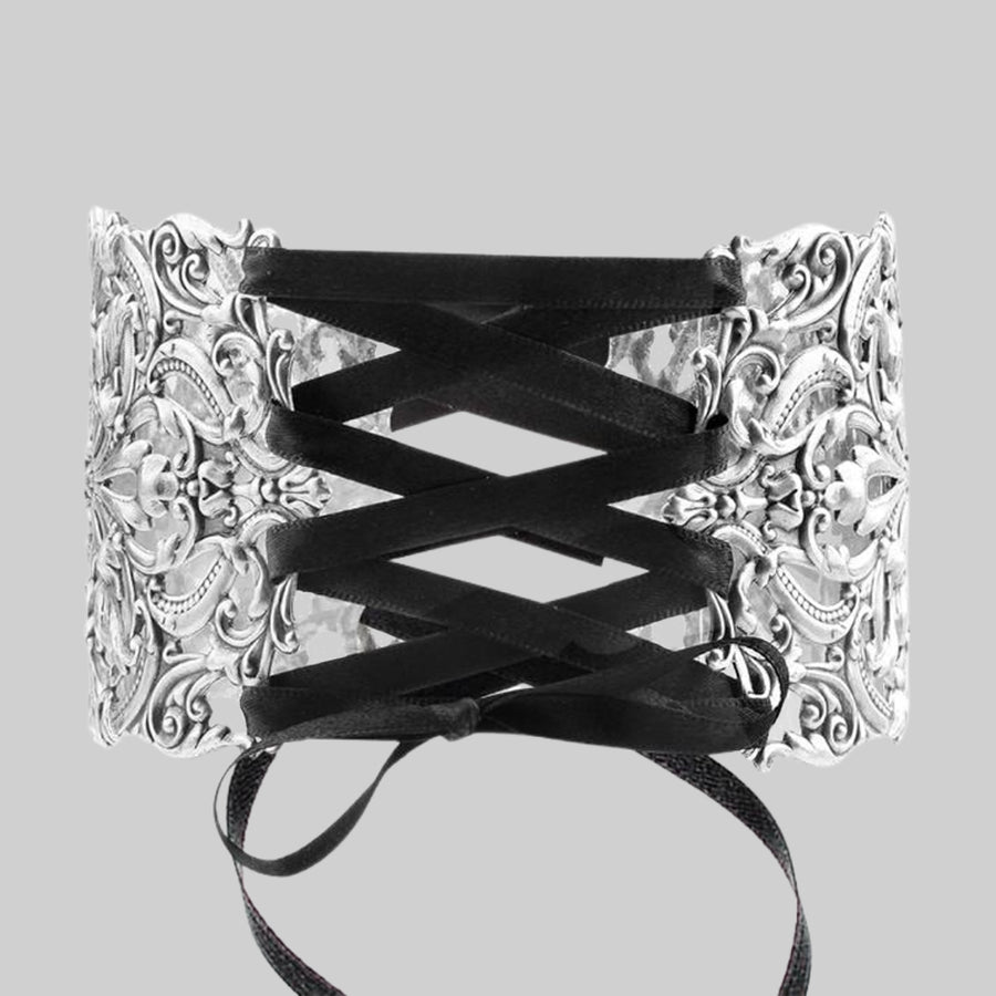REGINA. Grand Baroque Corset Choker Regina grand baroque corset choker featuring intricate detail with satin ribbon lace up front and back