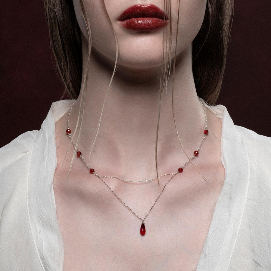 RELISH. Medieval Red Glass Droplet Necklace - Silver Dainty silver necklace with red drop and beads