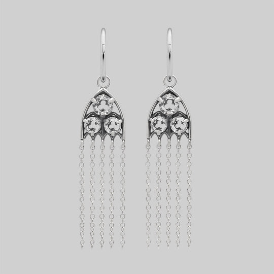 REVERENT. Gothic Window Glass Drop Earrings - Silver