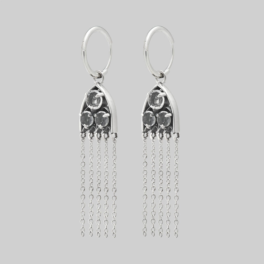 REVERENT. Gothic Window Glass Drop Earrings - Silver Silver Glass Drop Earrings Gothic Cathedral Window Style