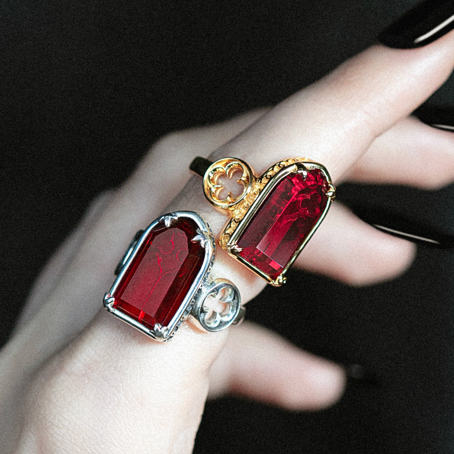 gold and silver gothic cathedral window red glass ring