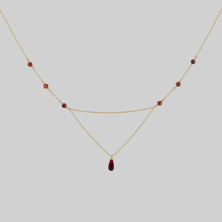 RELISH. Medieval Red Glass Droplet Necklace - Gold Red droplet necklace with beaded chain
