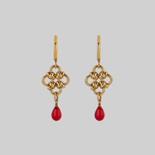 RUBIOUS. Chainmail & Red Glass Hoop Earrings - Gold