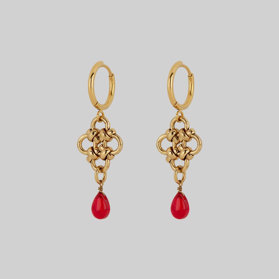 RUBIOUS. Chainmail & Red Glass Hoop Earrings - Gold gold knotted drop earrings with red droplet