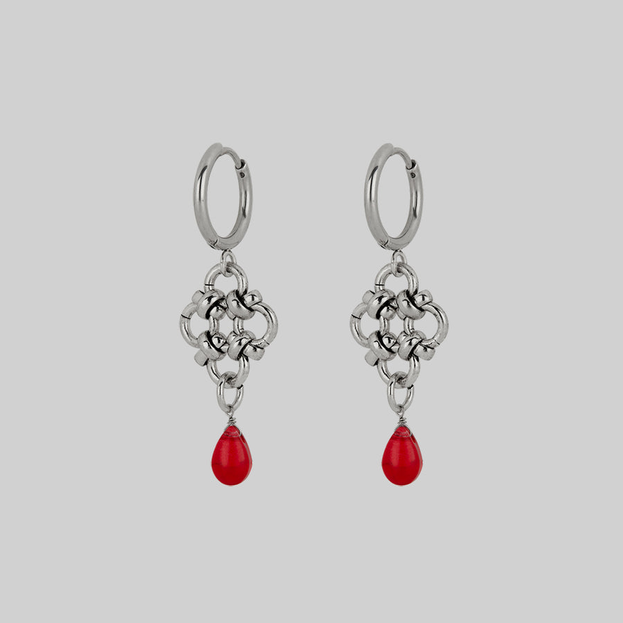 RUBIOUS. Chainmail & Red Glass Hoop Earrings - Silver silver chainmail red glass drop knotted hoop earrings