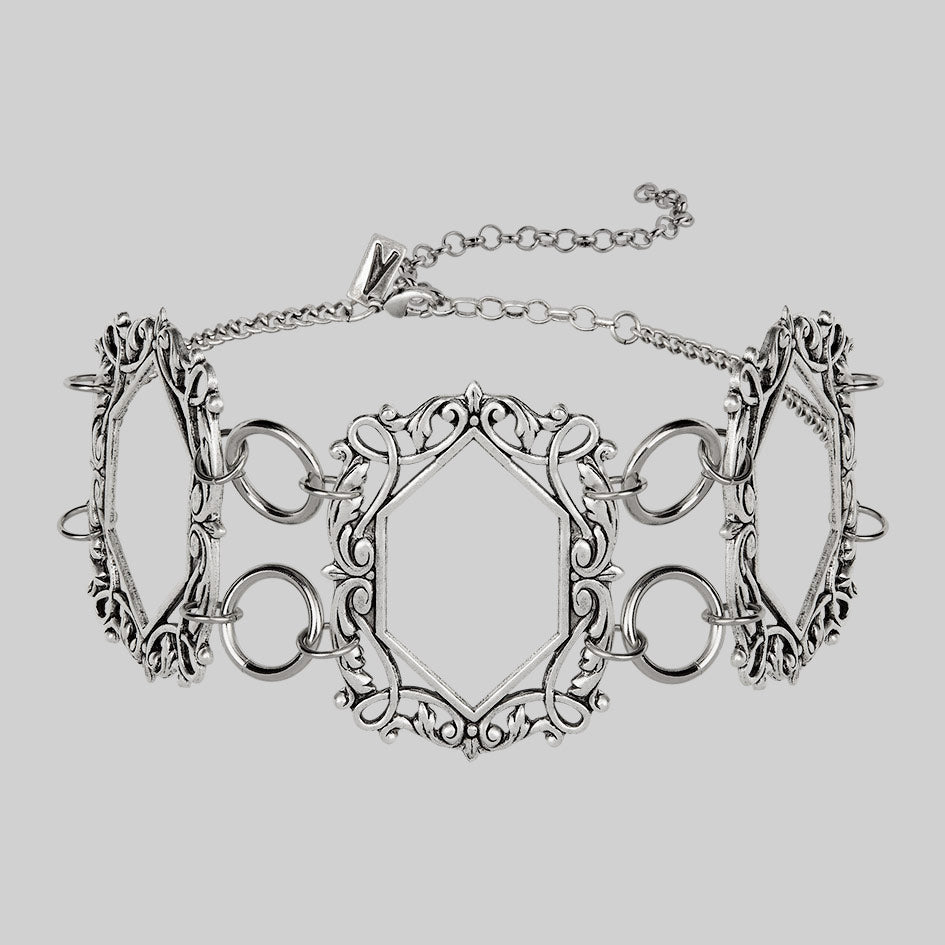 silver vampesque gothic caged frame choker necklace