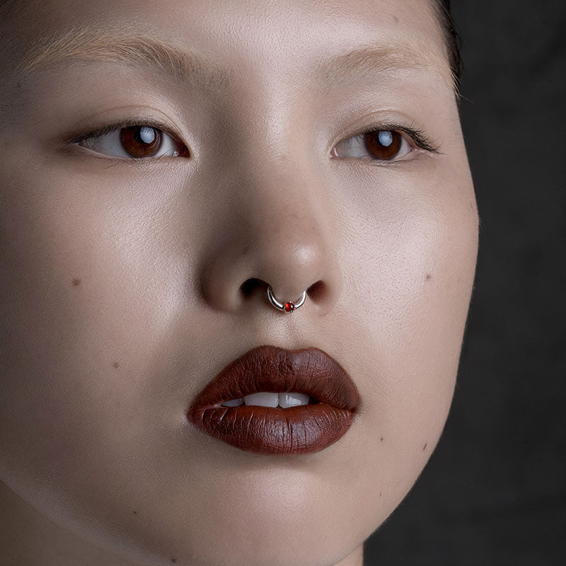SERAPHINA. Garnet Septum Clicker Ring - Silver cartilage clicker ring with dainty garnet