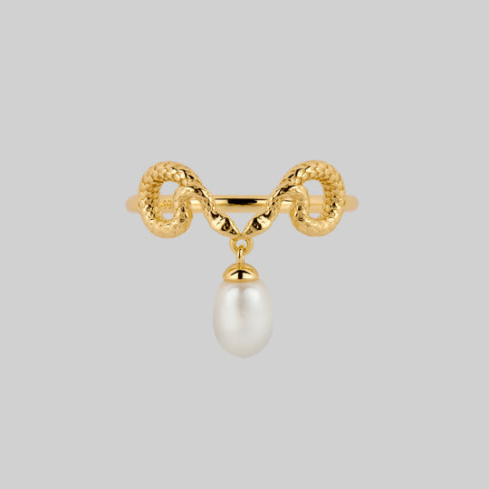 SERPENTINE. Sea Snake Bound Pearl Ring - Gold