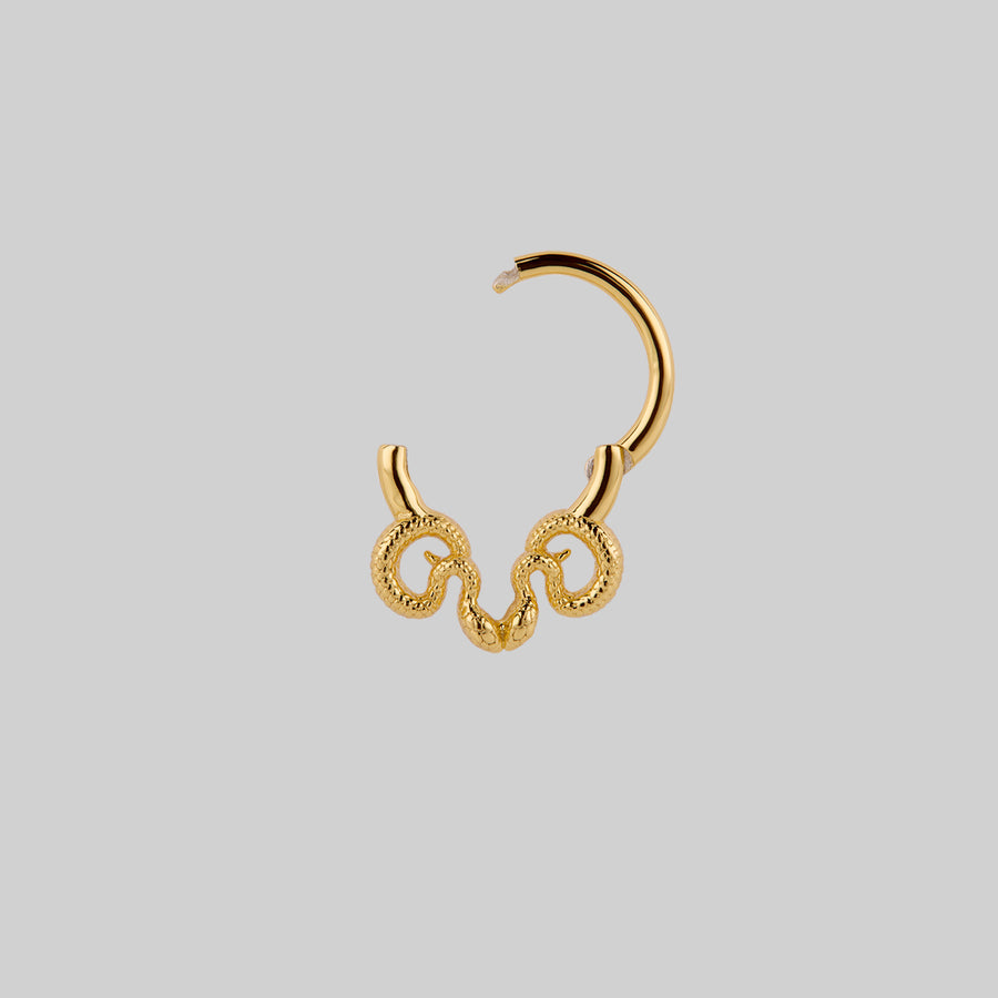 SERPENTINE. Sea Snake Bound Septum Clicker Ring - Gold dainty snake septum daith forward helix clicker ring gold open