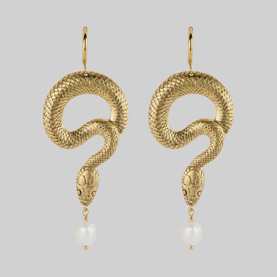 SERPENTINE. Sea Snake & Pearl Hoop Earrings - Gold