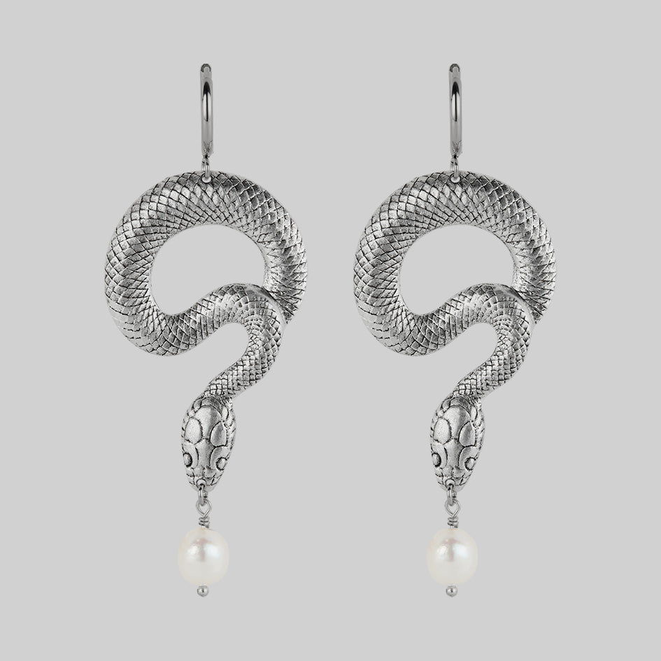 gothic snake pearl hoop earrings silver