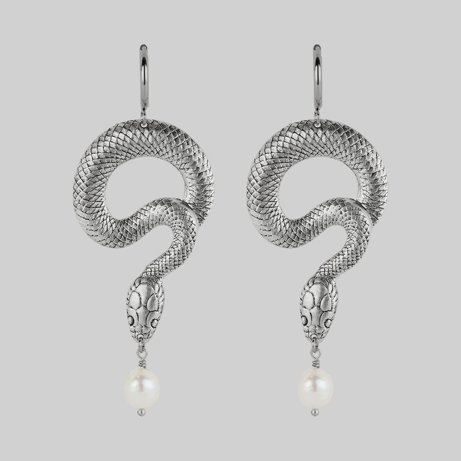 gothic snake pearl hoop earrings silver