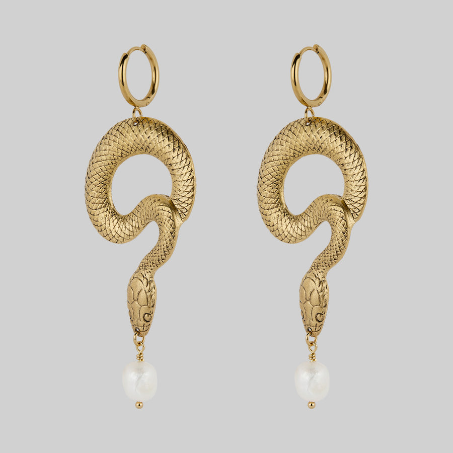 SERPENTINE. Sea Snake & Pearl Hoop Earrings - Gold gothic snake pearl hoop earrings gold