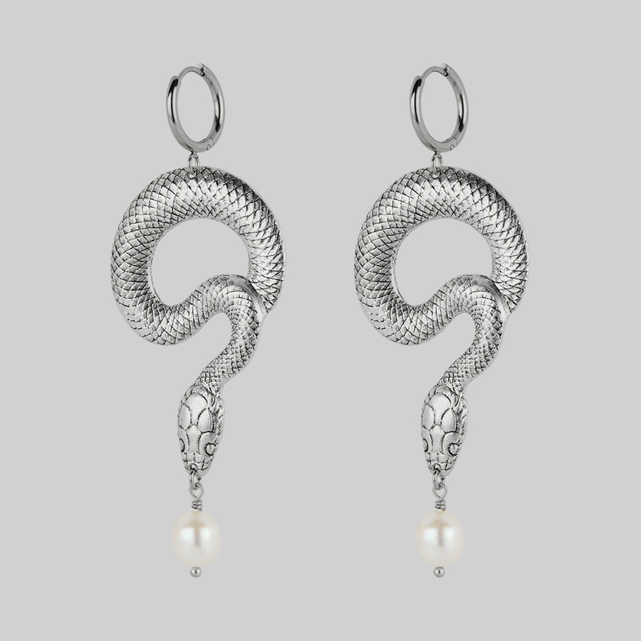 SERPENTINE. Sea Snake & Pearl Hoop Earrings - Silver gothic snake pearl hoop earrings silver