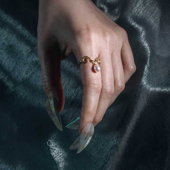 SERPENTINE. Sea Snake Bound Pearl Ring - Gold