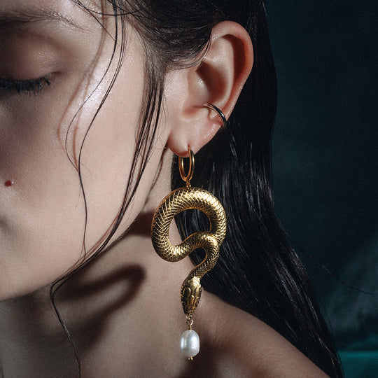 SERPENTINE. Sea Snake & Pearl Hoop Earrings - Gold