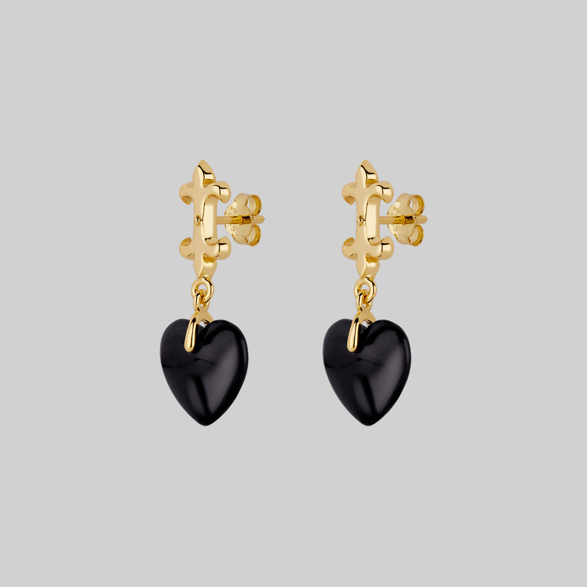 gothic Black Glass Heart Drop Earrings gold