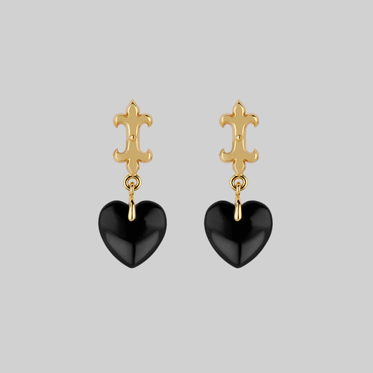 SHIELD. Medieval Black Glass Heart Drop Earrings - Gold
