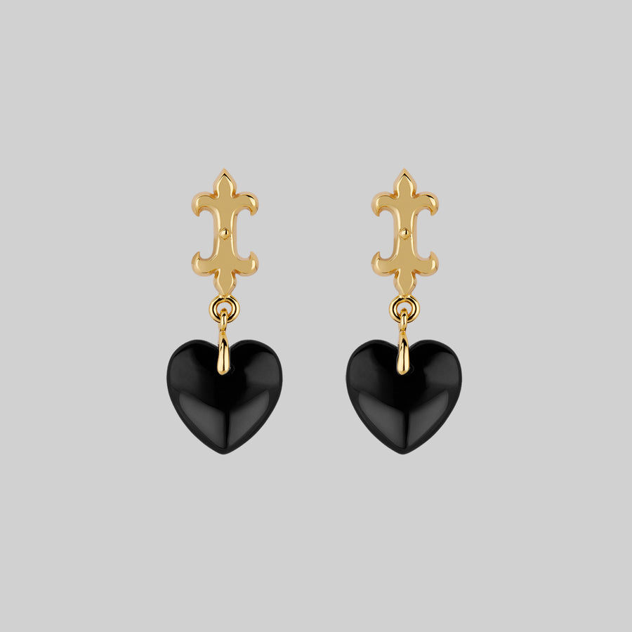 SHIELD. Medieval Black Glass Heart Drop Earrings - Gold