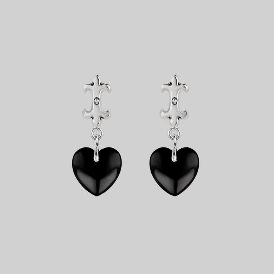 SHIELD. Medieval Black Glass Heart Drop Earrings - Silver
