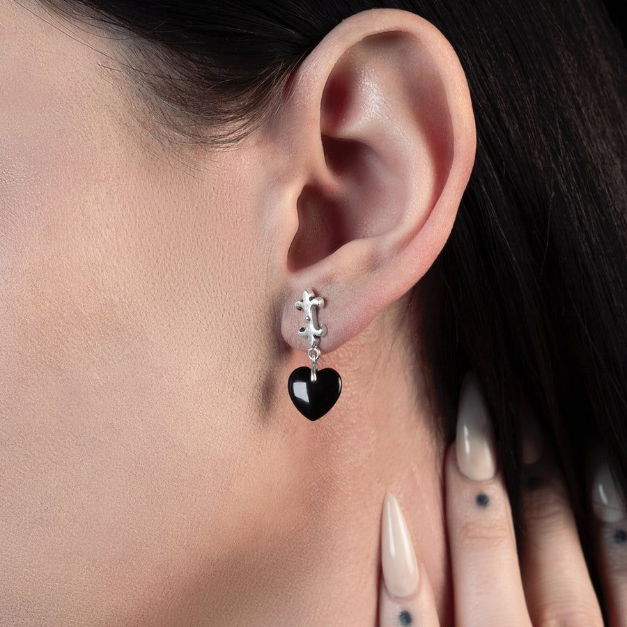 SHIELD. Medieval Black Glass Heart Drop Earrings - Silver gothic Black Glass Heart Drop Earrings Silver