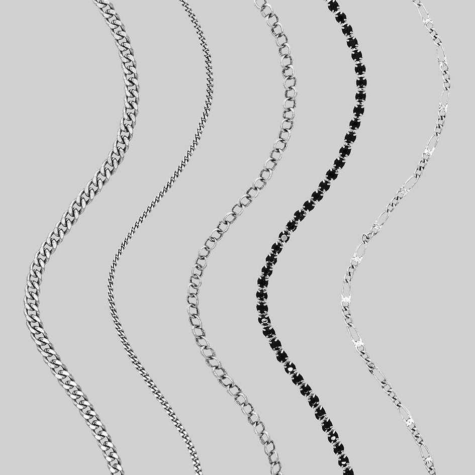 Siege silver chain hair rings shown in different hair styles, close up