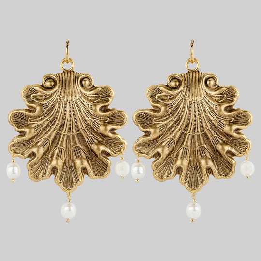 SYRENA. Ornate Seashell Pearl Hoop Earrings - Gold