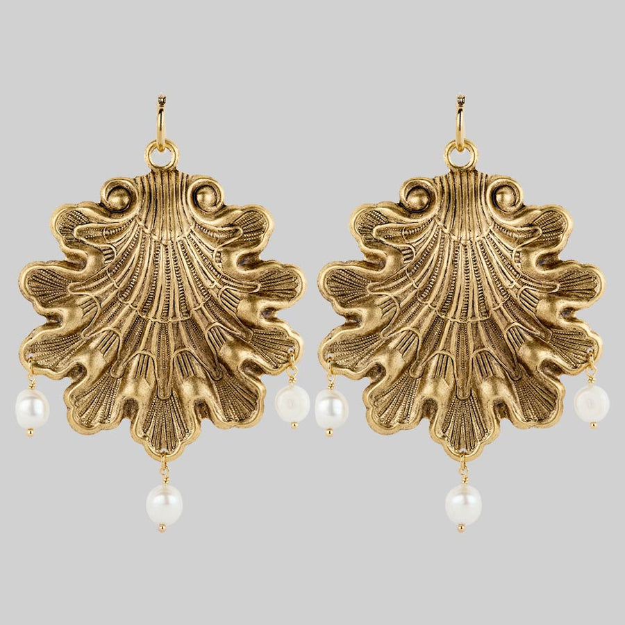 SYRENA. Ornate Seashell Pearl Hoop Earrings - Gold