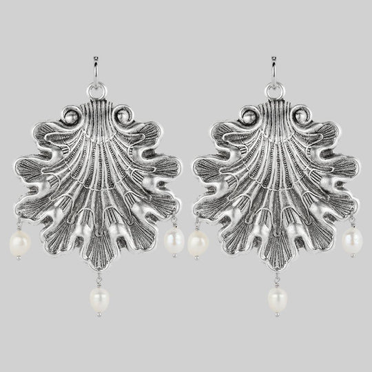 SYRENA. Ornate Seashell Pearl Hoop Earrings - Silver