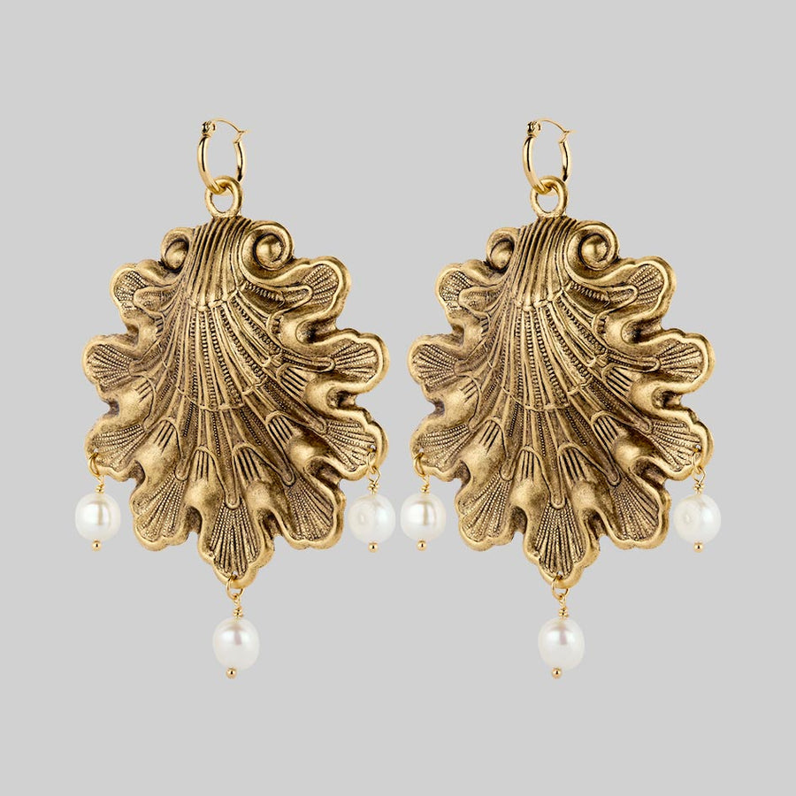 SYRENA. Ornate Seashell Pearl Hoop Earrings - Gold ornate pearl antique oversized shell hoop earrings gold