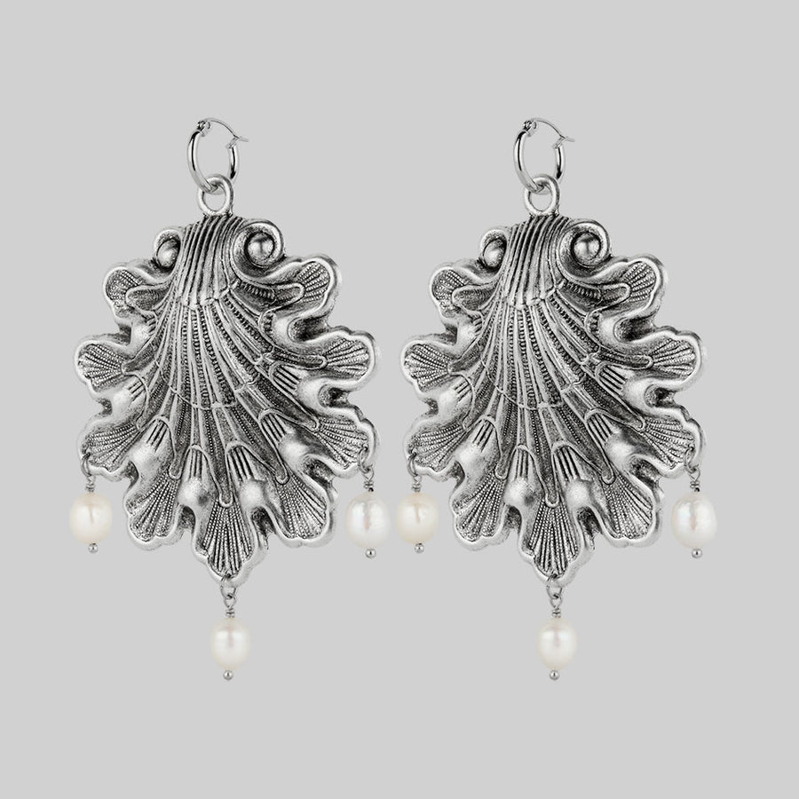 SYRENA. Ornate Seashell Pearl Hoop Earrings - Silver ornate pearl antique oversized shell hoop earrings silver
