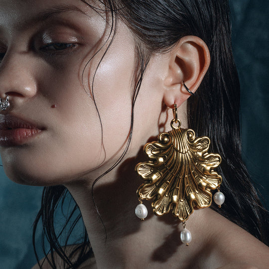SYRENA. Ornate Seashell Pearl Hoop Earrings - Gold
