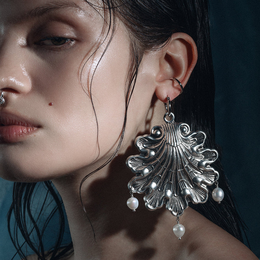 SYRENA. Ornate Seashell Pearl Hoop Earrings - Silver ornate pearl antique oversized shell hoop earrings silver