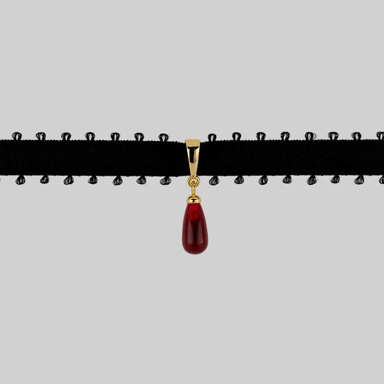 SORROW. Red Glass Droplet Ribbon Choker - Gold