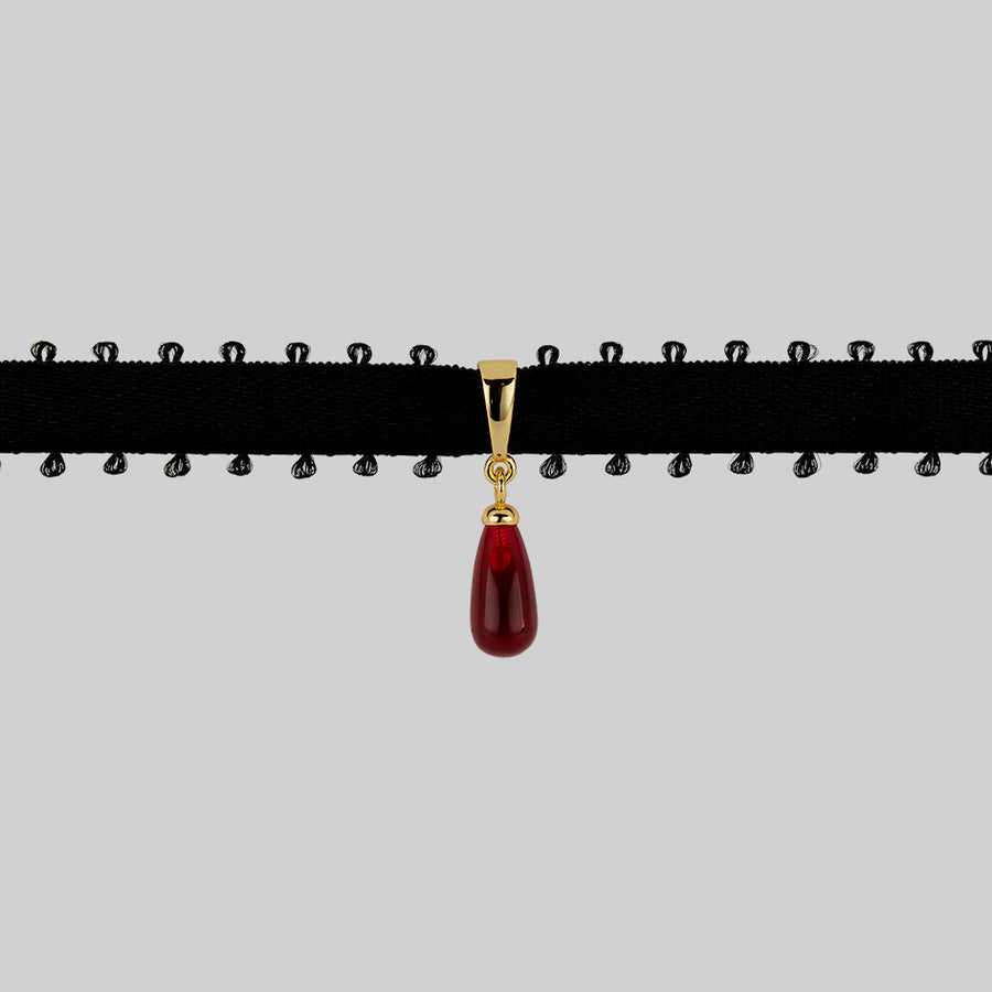 SORROW. Red Glass Droplet Ribbon Choker - Gold
